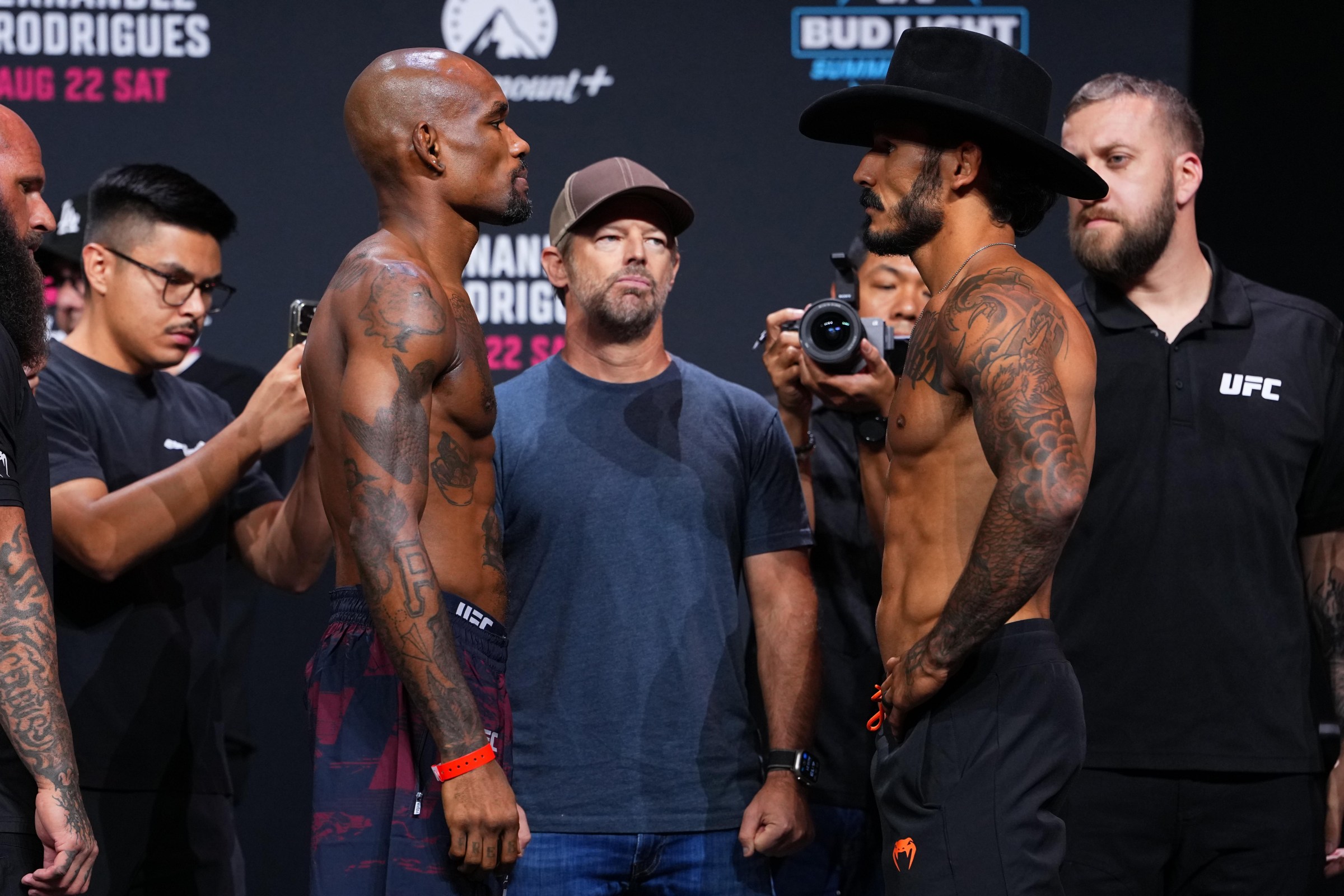 SACRAMENTO, CALIFORNIA - AUGUST 21: (L-R) Opponents Jamall Emmers and Lerryan Douglas of Brazil face off during the UFC Fight Night ceremonial weigh-in at Golden 1 Center on August 21, 2026 in Sacramento, California. (Photo by Jeff Bottari/Zuffa LLC)