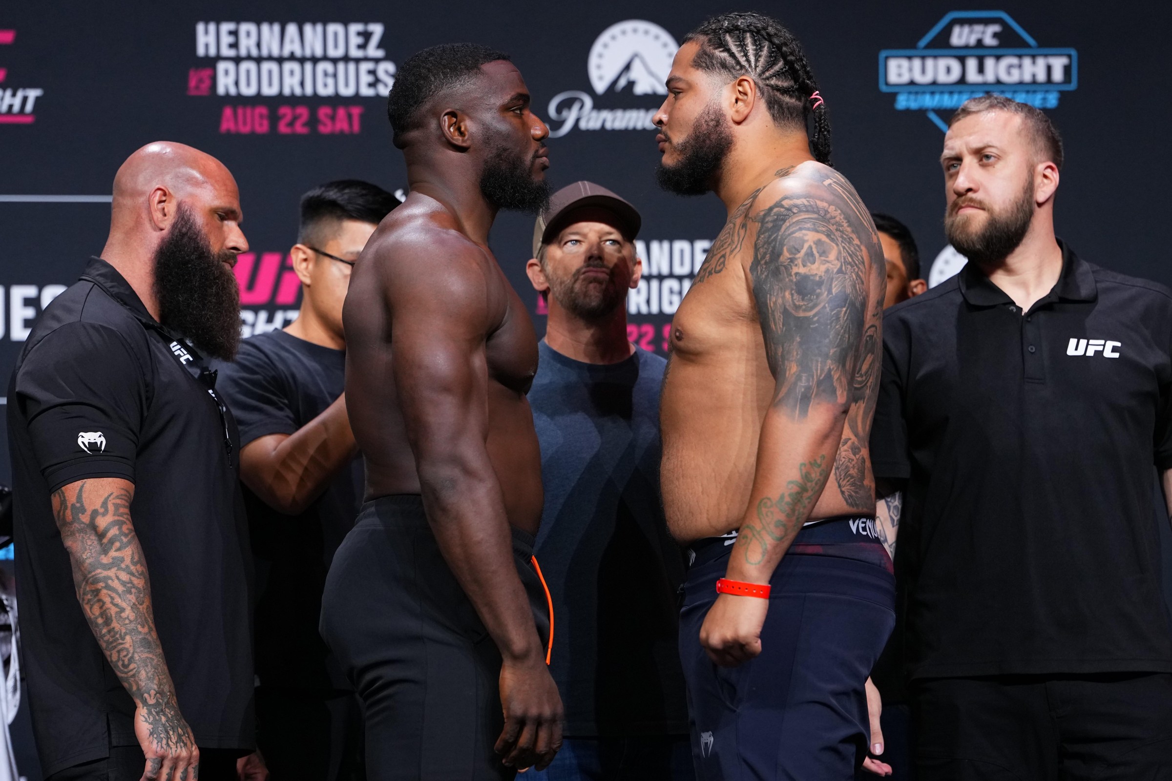 SACRAMENTO, CALIFORNIA - AUGUST 21: (L-R) Opponents Anthony Wint and Terrance Chatman face off during the UFC Fight Night ceremonial weigh-in at Golden 1 Center on August 21, 2026 in Sacramento, California. (Photo by Jeff Bottari/Zuffa LLC)