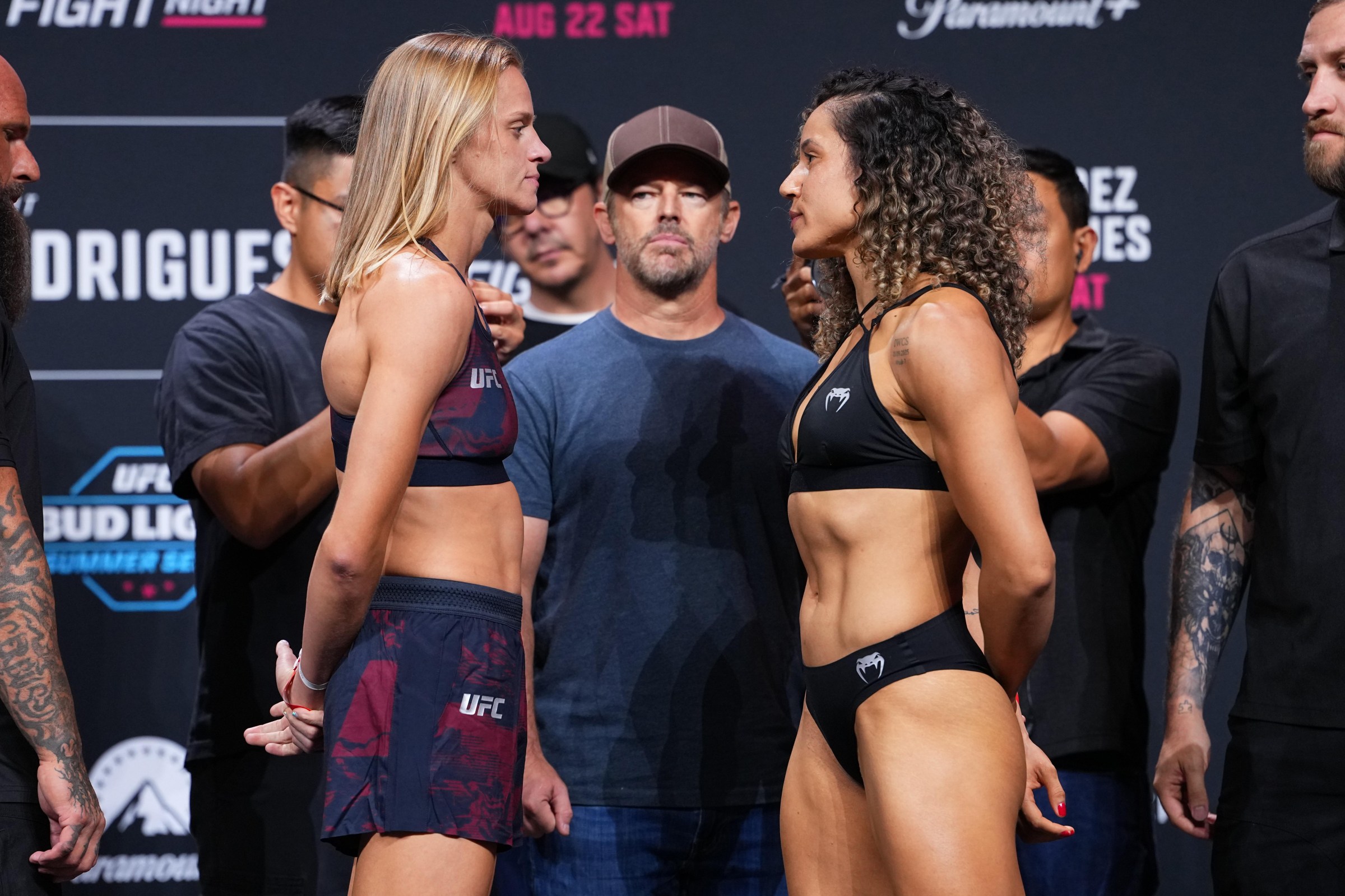SACRAMENTO, CALIFORNIA - AUGUST 21: (L-R) Opponents Carli Judice and Jeisla Chaves of Brazil face off during the UFC Fight Night ceremonial weigh-in at Golden 1 Center on August 21, 2026 in Sacramento, California. (Photo by Jeff Bottari/Zuffa LLC)