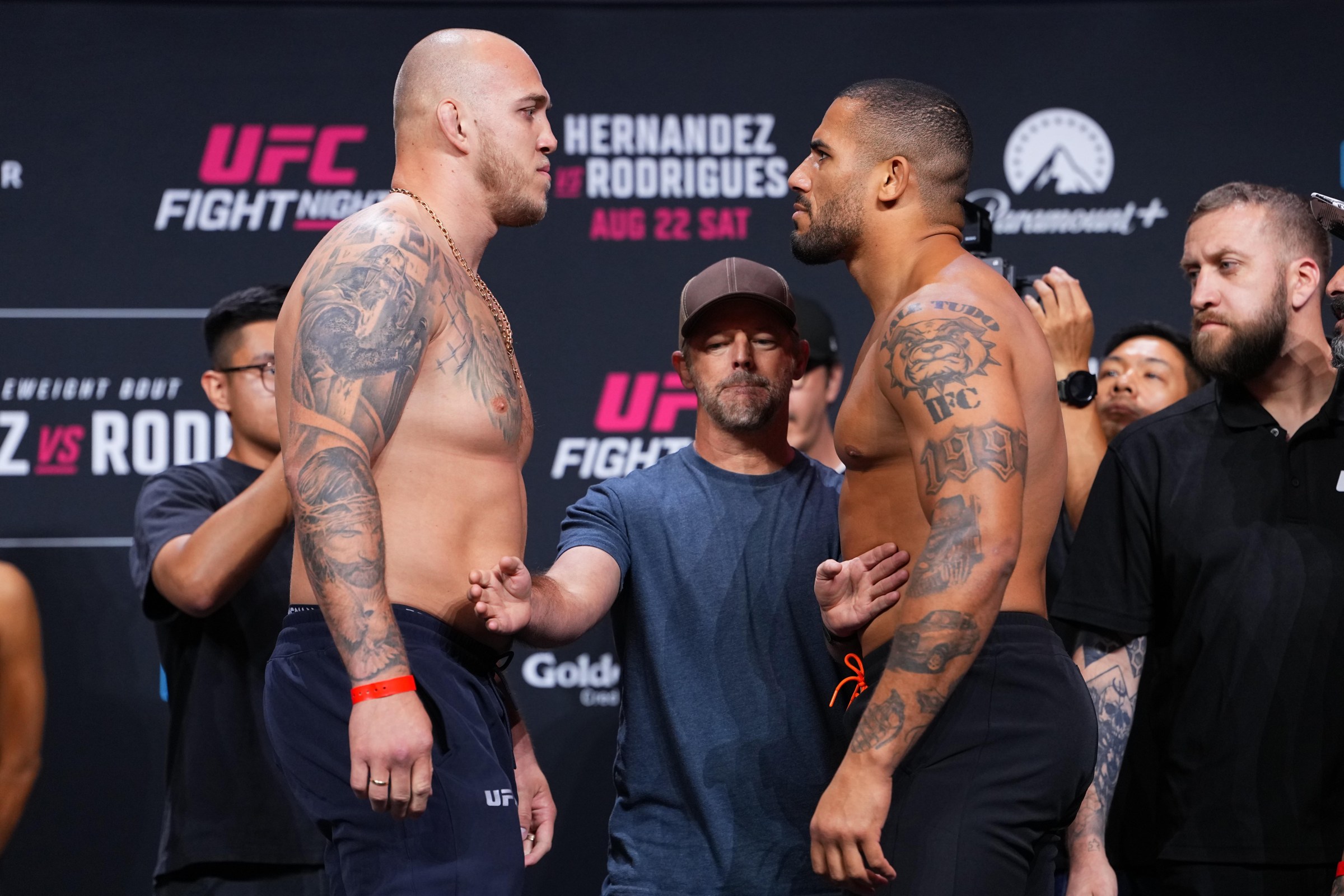 SACRAMENTO, CALIFORNIA - AUGUST 21: (L-R) Opponents Serghei Spivac of Moldova and Vitor Petrino of Brazil face off during the UFC Fight Night ceremonial weigh-in at Golden 1 Center on August 21, 2026 in Sacramento, California. (Photo by Jeff Bottari/Zuffa LLC)