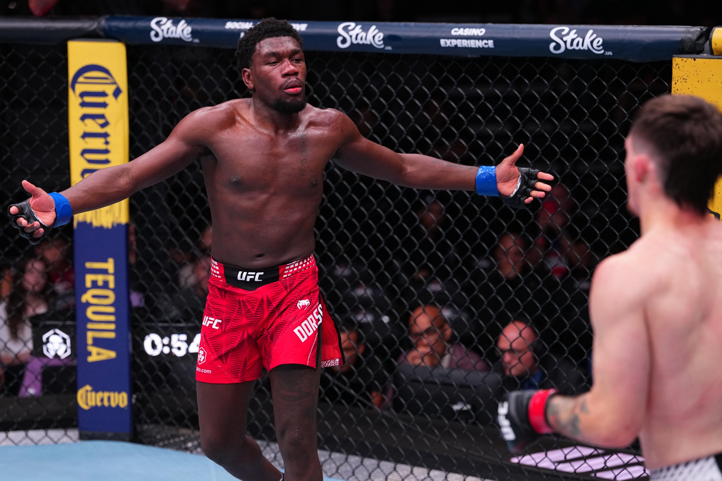 SACRAMENTO, CALIFORNIA - AUGUST 22: (L-R) Stan Dorsainvil taunts Gauge Young in a lightweight fight during the UFC Fight Night event at Golden 1 Center on August 22, 2026 in Sacramento, California. (Photo by Jeff Bottari/Zuffa LLC)