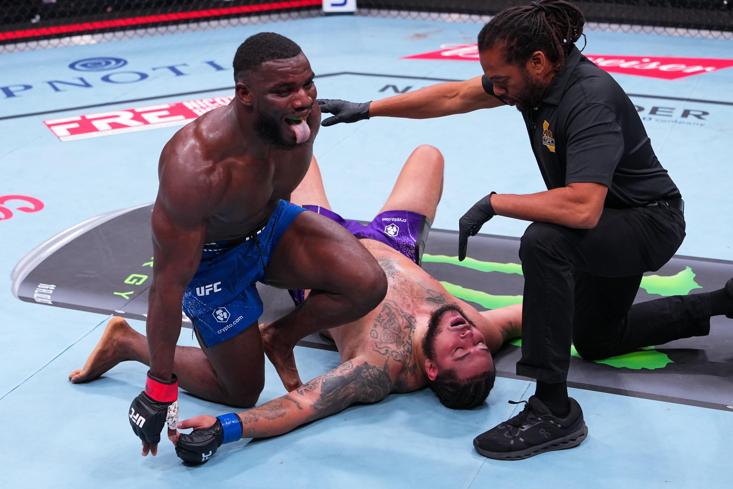 SACRAMENTO, CALIFORNIA - AUGUST 22: Anthony Wint reacts after a submission victory against Terrance Chatman in a heavyweight fight during the UFC Fight Night event at Golden 1 Center on August 22, 2026 in Sacramento, California. (Photo by Jeff Bottari/Zuffa LLC)