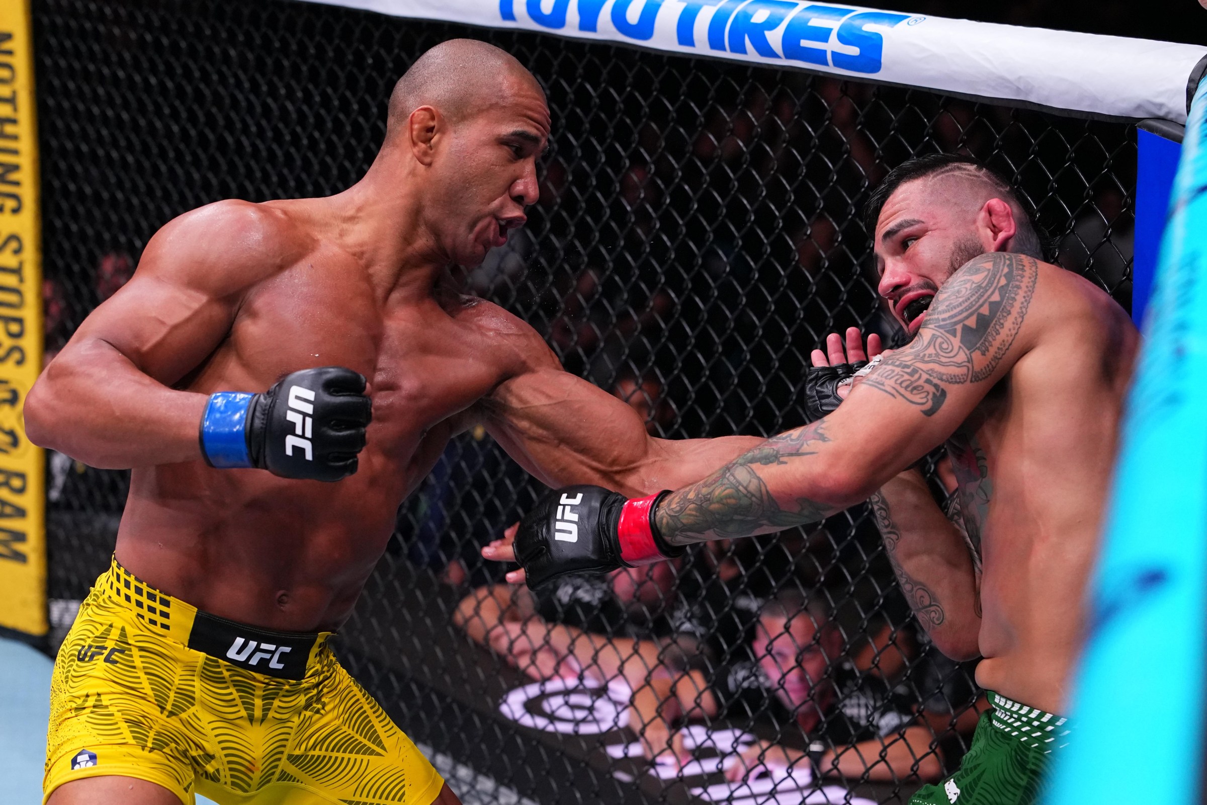 SACRAMENTO, CALIFORNIA - AUGUST 22: (L-R) Gregory Rodrigues of Brazil punches Anthony Hernandez in a middleweight fight during the UFC Fight Night event at Golden 1 Center on August 22, 2026 in Sacramento, California. (Photo by Jeff Bottari/Zuffa LLC)
