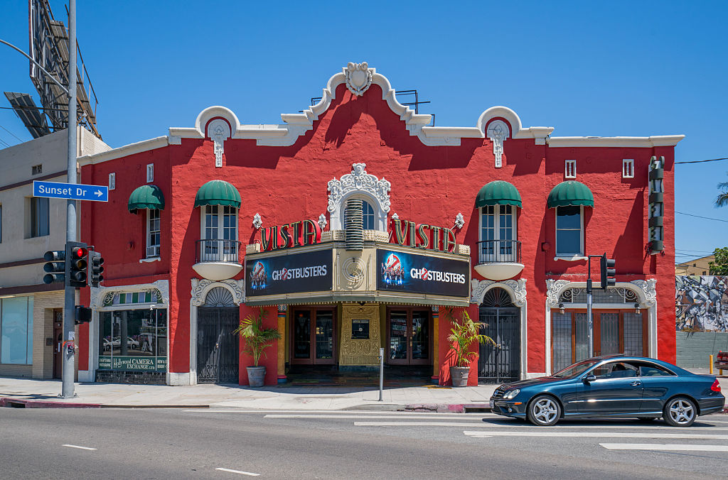 A view of the Vista Theatre in the Los Feliz neighborhood of Hollywood in Los Angeles