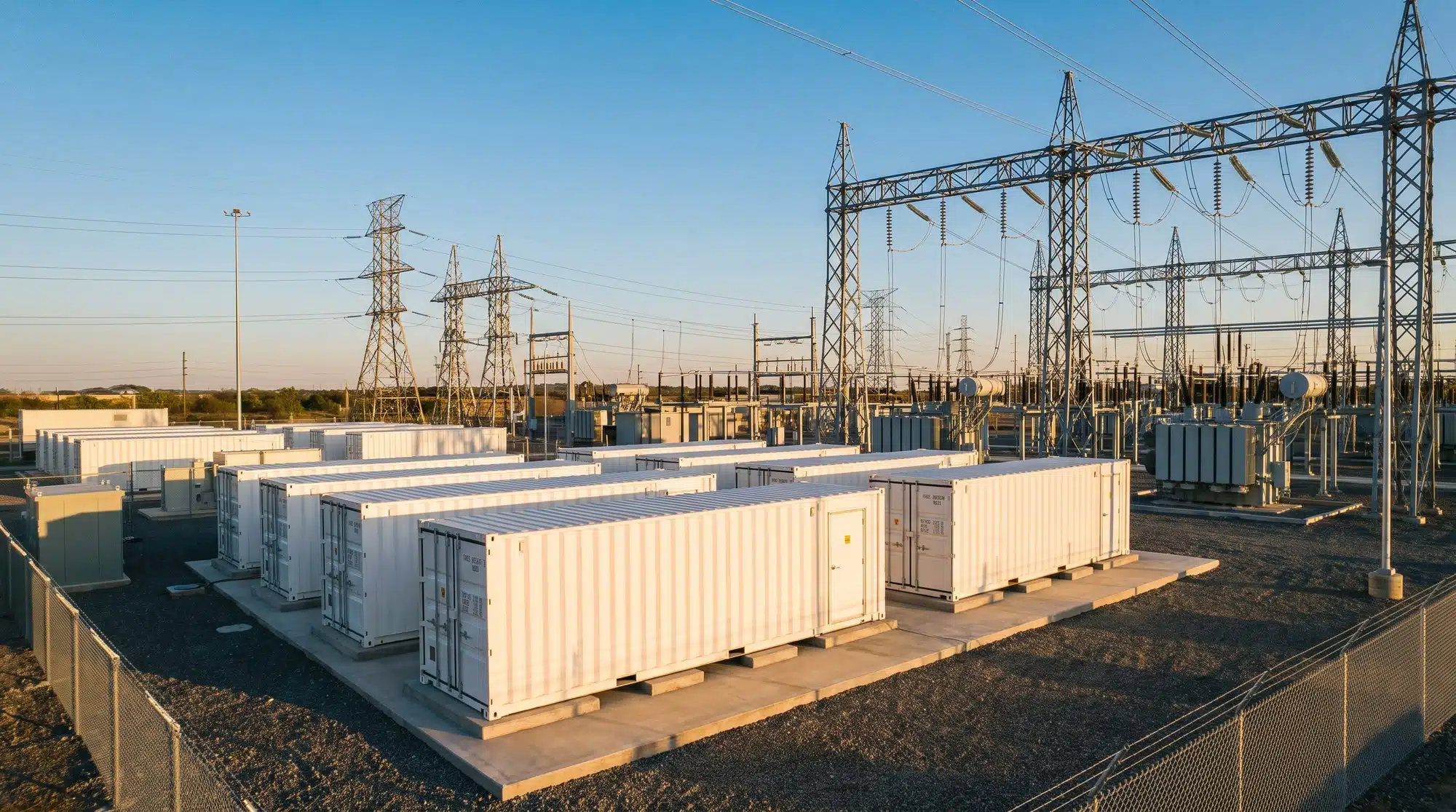Grid-scale battery energy storage containers installed at a utility substation, connected to high-voltage power lines and transformers