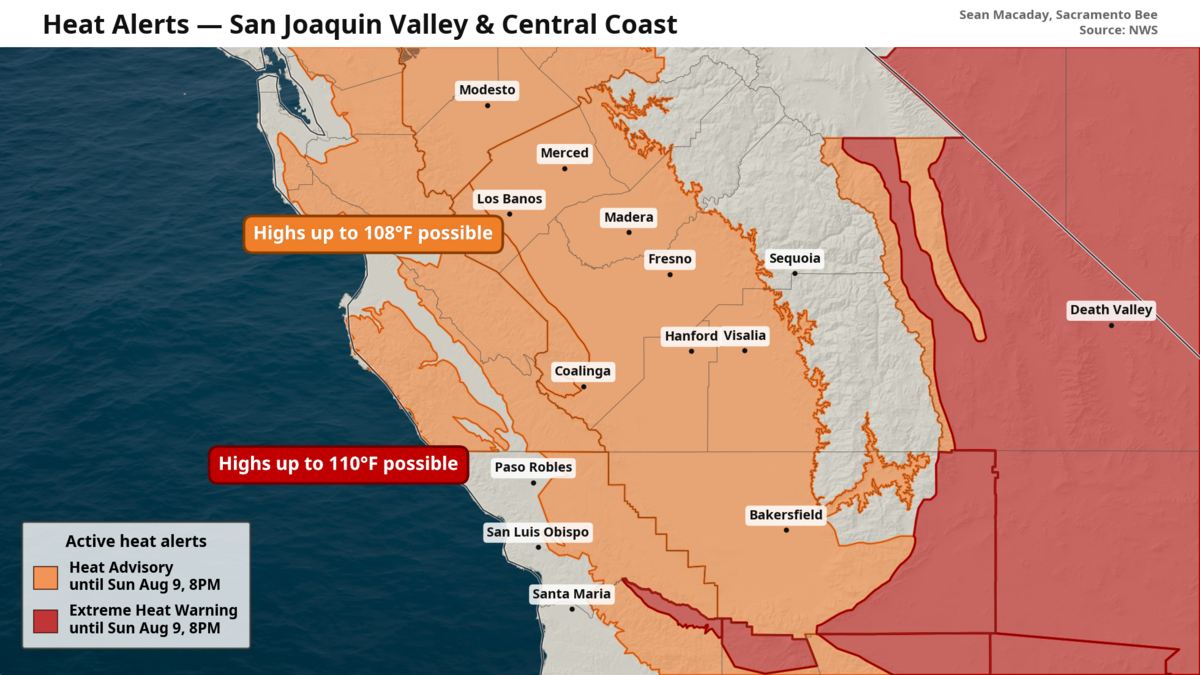 Heat advisories have been issued for the Central Valley and most of the inland Coast Range ahead of triple digit high temperatures this weekend.