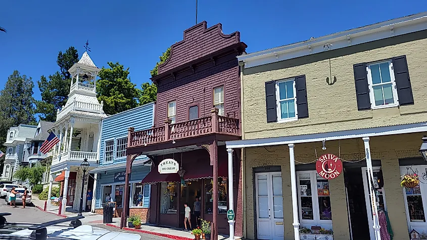 Brick storefronts along Broad Street in downtown Nevada City, California.