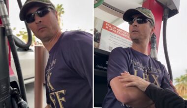 Moment unhinged man goes ballistic at California gas station after cutting the line — until his mommy comes to the rescue