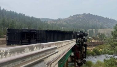 Major-injury crash leaves big rig dangling from bridge on California interstate