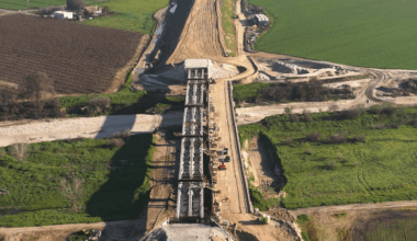 Aerial view of California high-speed rail construction along Grangeville Boulevard in Kings County.