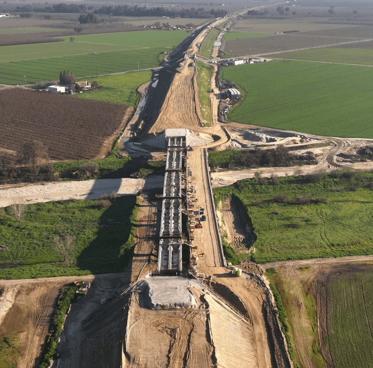 Aerial view of California high-speed rail construction along Grangeville Boulevard in Kings County.