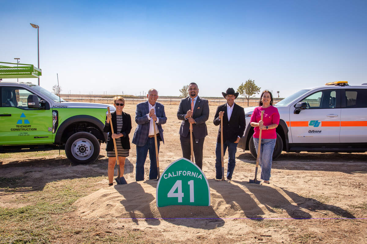 Fresno County leaders conducting the ceremonial turning of dirt for the Excelsior Expressway Four-Lane Project on Friday, August 14.