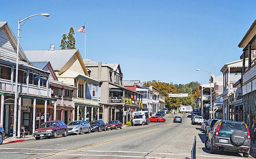 Older buildings lining the main street of Sutter Creek, California.