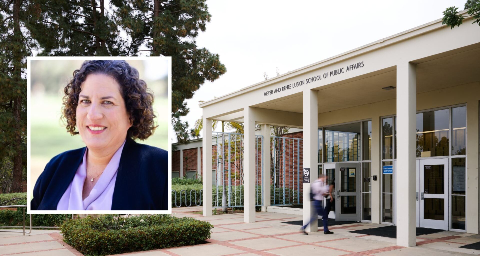 Headshot of Kim Rutledge MSW 11 on the left over a campus shot of the Luskin School of Public Affairs building.