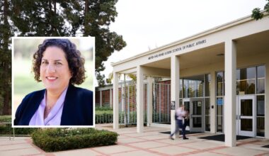 Headshot of Kim Rutledge MSW 11 on the left over a campus shot of the Luskin School of Public Affairs building.