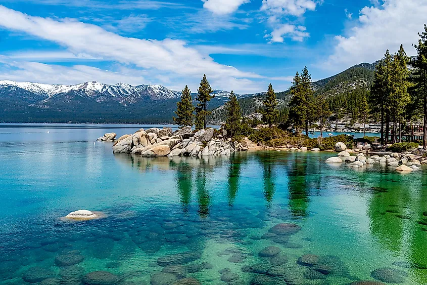 Lake Tahoe on the California-Nevada border, viewed from a forested overlook.