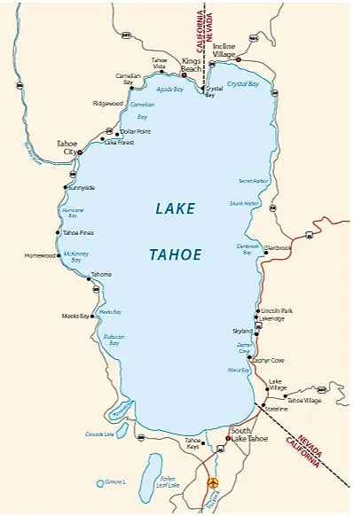 Map of Lake Tahoe on the California-Nevada border with the Truckee River outlet.