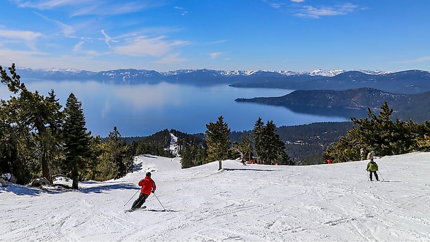 Lake Tahoe ringed by snow-covered peaks in winter.
