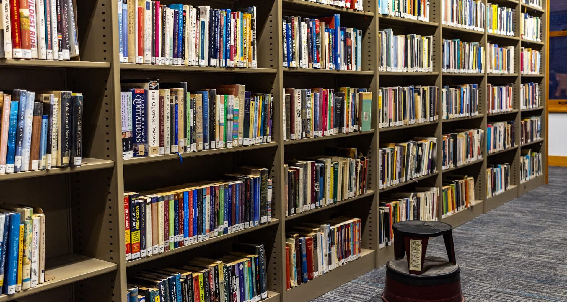 Bookshelves filled with various books and a small stool in a library setting.