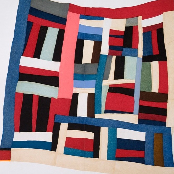 Abstract textile artwork composed of irregular geometric blocks and stripes in red, blue, black, white, pink, cream, gray, and muted green.