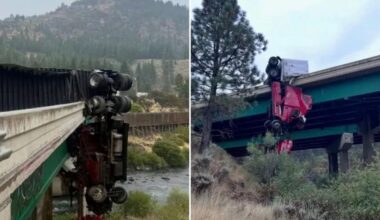 Big rig left dangling from California bridge after crash