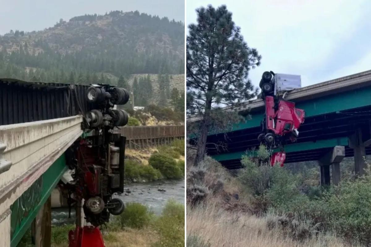 Big rig left dangling from California bridge after crash