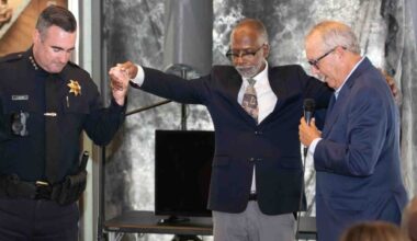 Oakland Police Department’s new chief JAMES BEERE, Dr Ken Chambers, Interfaith Council of Alameda County (ICAC) President and Dr Jim Hopkins, Pastor Emeritus, Lake Shore Avenue Baptist Church, and ICAC founding former board member.