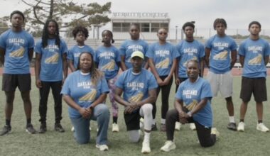 The delegation going to the International Children’s Games in Taiwan includes (from left) Dewayne Littlepage, Gia Goodlow, Abisewolu Redmond, Mahari Moore, Marvin Thomas, Najae Ellison, Royal Moore, Sir.Kamryn Lloyd, and Jasani Highsmith. The delegation’s coaching leadership includes Head Coach Dr. Tommie Smith, Senior Coach Margaret Dixon, Girls Coach Evangela Dixon, Strength and Conditioning Coach Nola Turnage, and Boys Coach Michael Flood, Jr. Photo courtesy of 100 Black Men of the Bay Area.