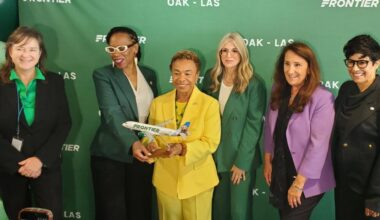 Ribbon cutting ceremony and celebration at Terminal 1, Gate 3 of Frontier Airlines at Oakland San Francisco Bay Airport. (L-R) Port of Oakland Executive Director Kristi McKenney, U.S. Representative Congresswoman Lateefah Simon (D-CA-12), Oakland Mayor Barbara Lee, Frontier Airlines Vice President of Public and Consumer Affairs Tyri Squyres, Oakland Metropolitan Chamber of Commerce president Barbara Leslie, and Port of Oakland Board President Stephanie Dominguez Walton. Photo by Carla Thomas