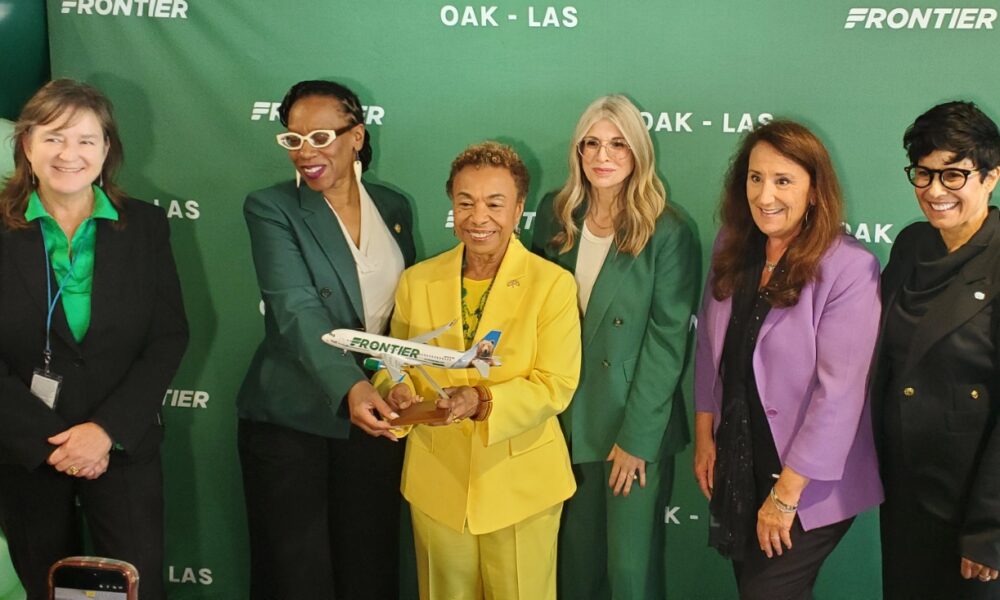 Ribbon cutting ceremony and celebration at Terminal 1, Gate 3 of Frontier Airlines at Oakland San Francisco Bay Airport. (L-R) Port of Oakland Executive Director Kristi McKenney, U.S. Representative Congresswoman Lateefah Simon (D-CA-12), Oakland Mayor Barbara Lee, Frontier Airlines Vice President of Public and Consumer Affairs Tyri Squyres, Oakland Metropolitan Chamber of Commerce president Barbara Leslie, and Port of Oakland Board President Stephanie Dominguez Walton. Photo by Carla Thomas