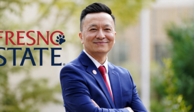 man's horizontal portrait with a fresno state logo on the left side