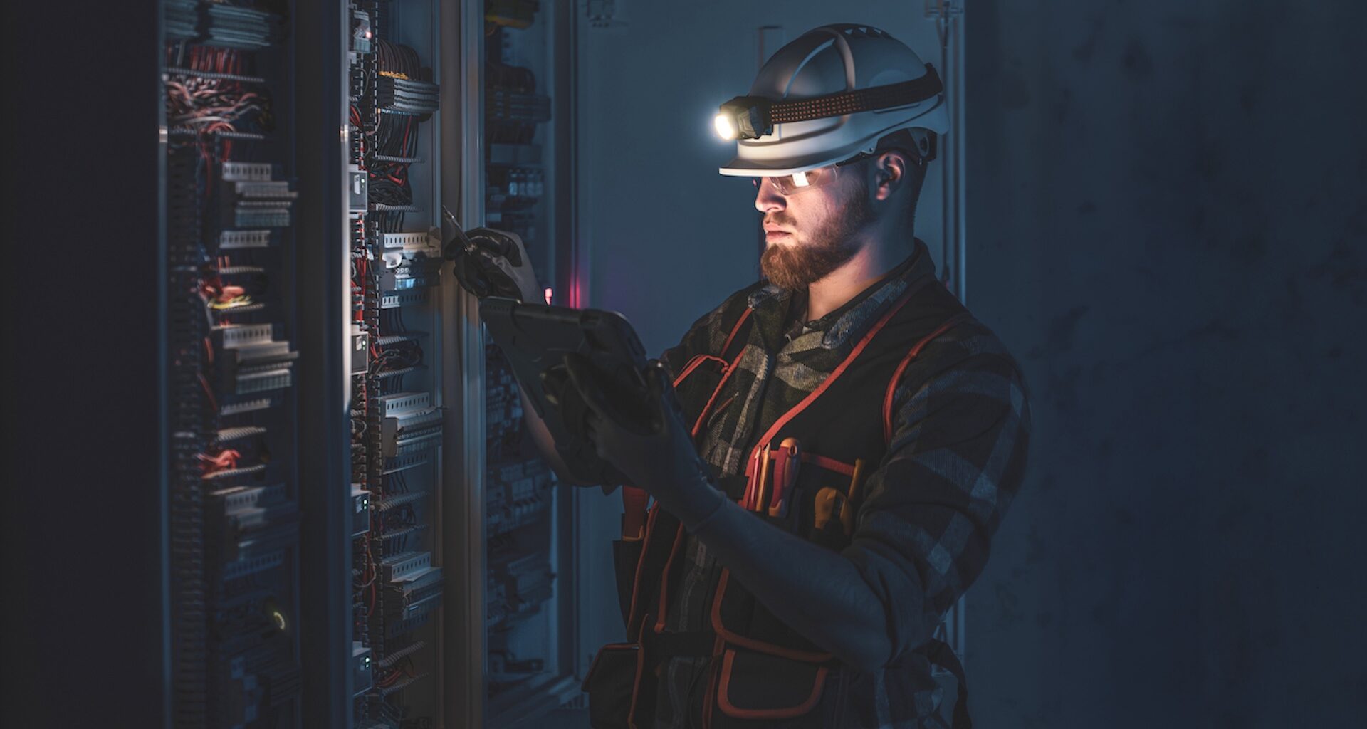 A man in a hard hat and reflective vest works on electrical equipment in a dimly lit environment.