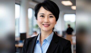 Professional portrait of an individual wearing a black blazer and light blue shirt, smiling in a bright office setting.