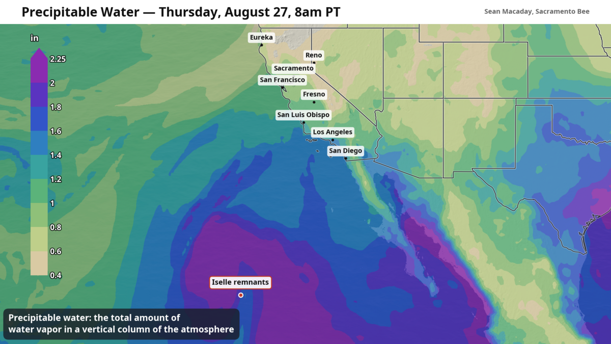 Moisture from what is left of Tropical Storm Iselle is pushing north into California this weekend, bringing showers and increased humidity as far north as the Sacramento area.
