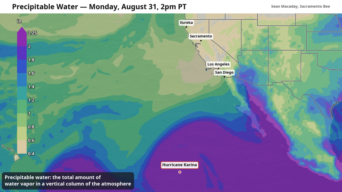 Moisture from Hurricane Karina sits just south of California. Low pressure this week and next could attract much of this tropical moisture from future storms towards the state.