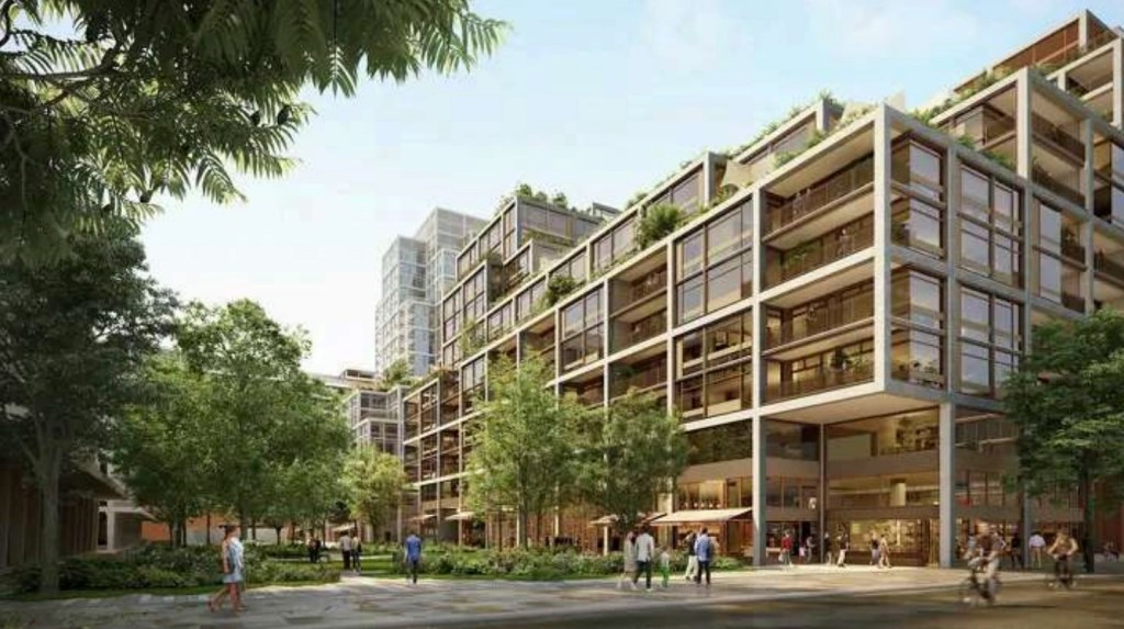 Illustration of residential housing with green rooftops and trees, designed by Foster + Partners and funded by JPMorgan.