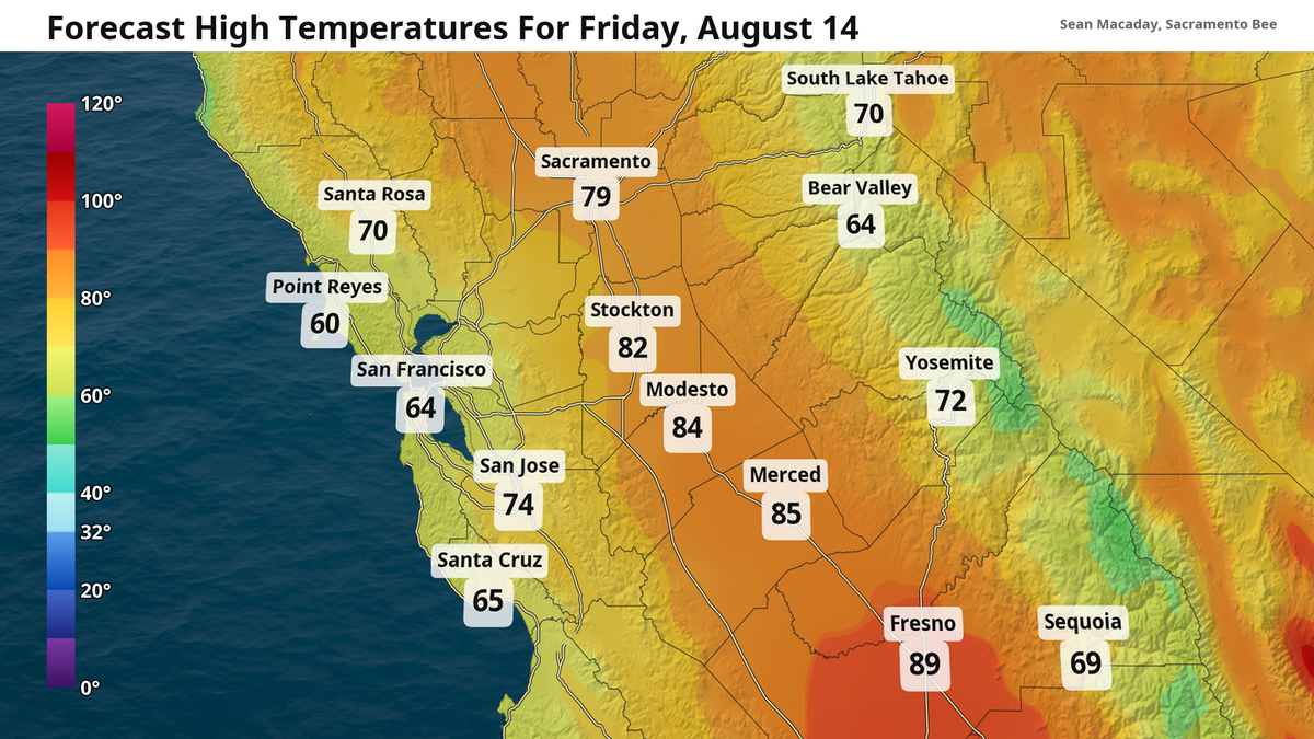 Forecast high temps Friday, August 14