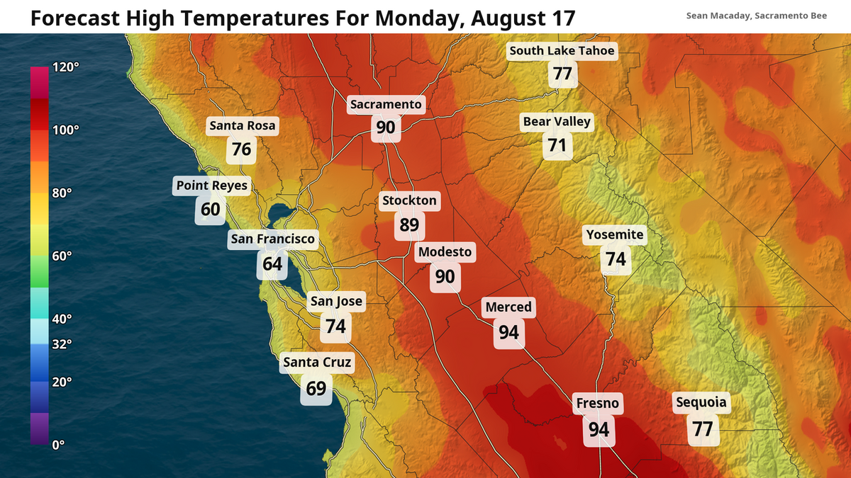 Forecast high temperatures for Monday.