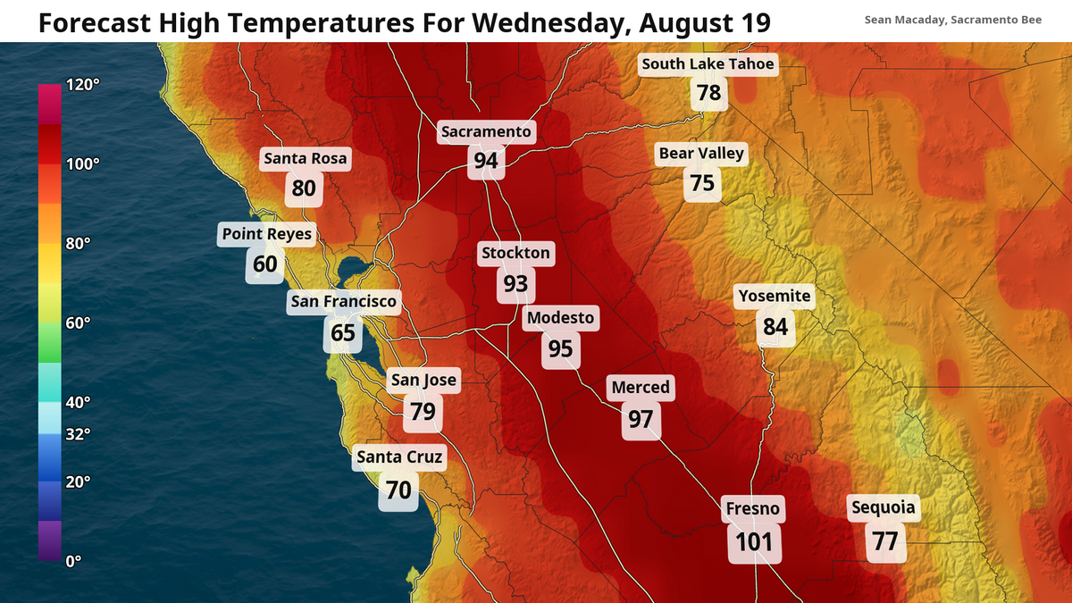 Forecast high temperatures for Wednesday.