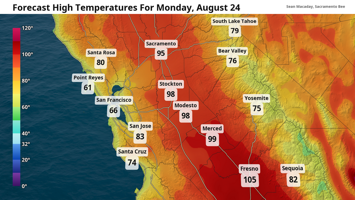 Forecast high temps for Monday, August 24