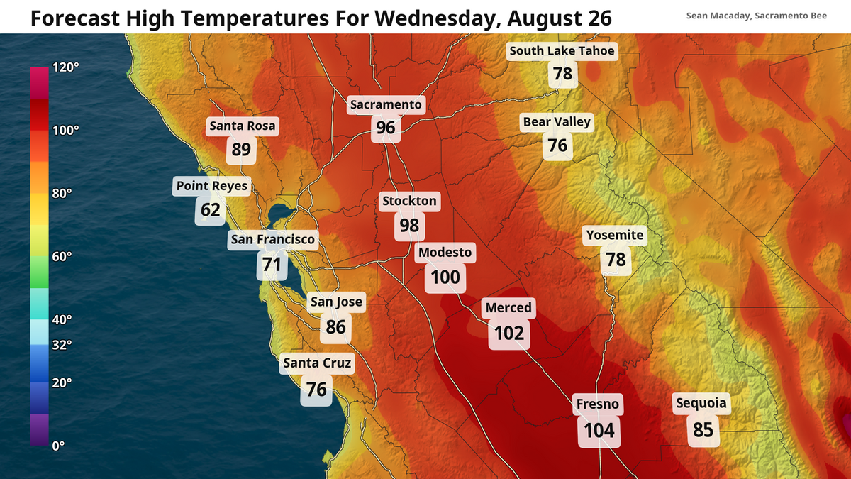 Forecast high temps for Wednesday, August 26