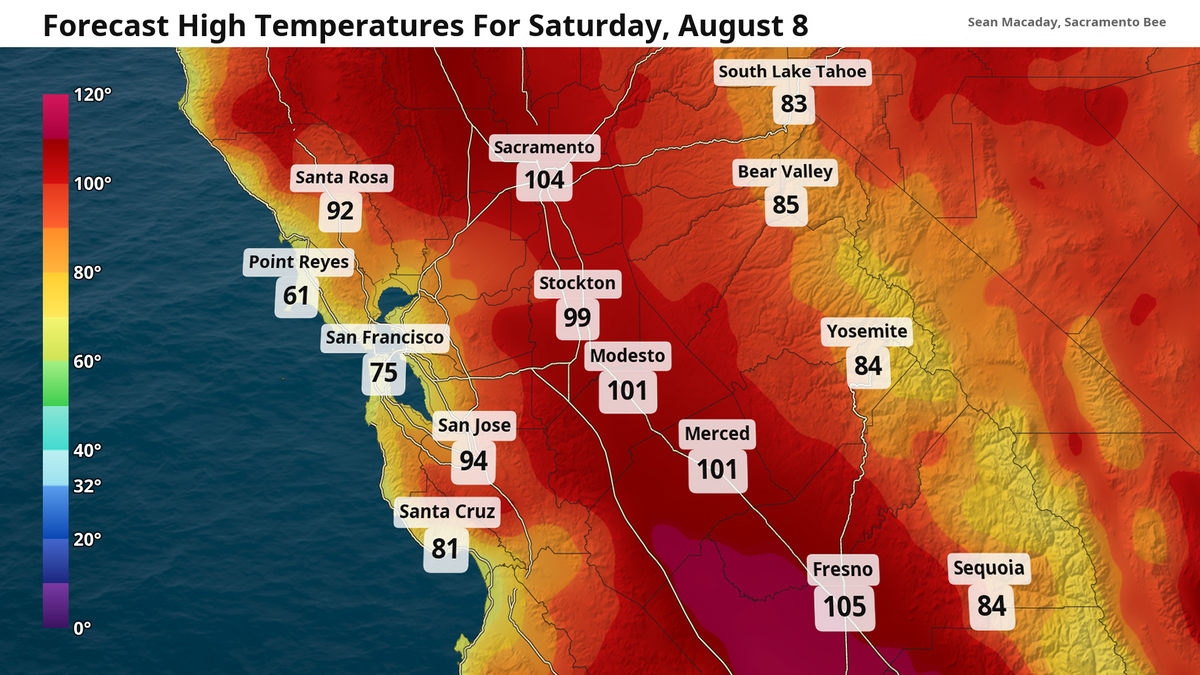 High temperature forecast for the morning of Saturday, Aug 8
