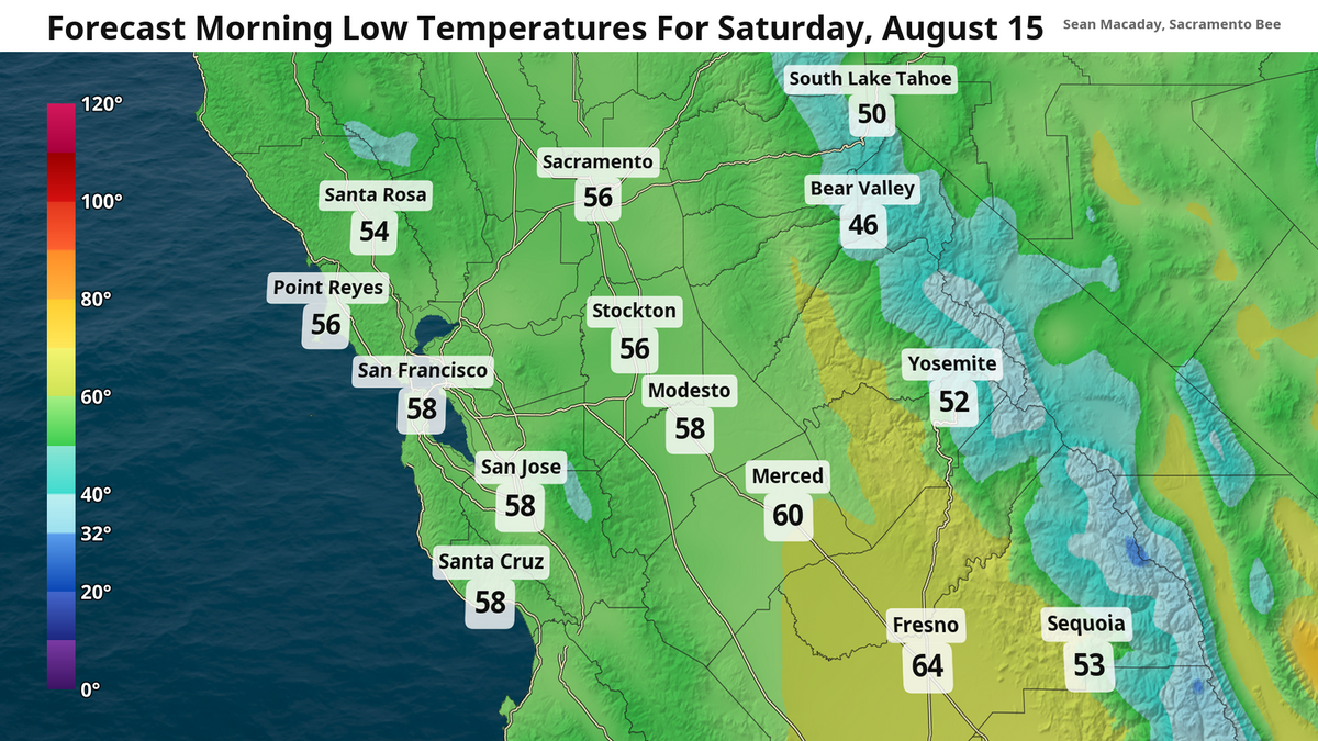 Forecast low temps Saturday, August 15