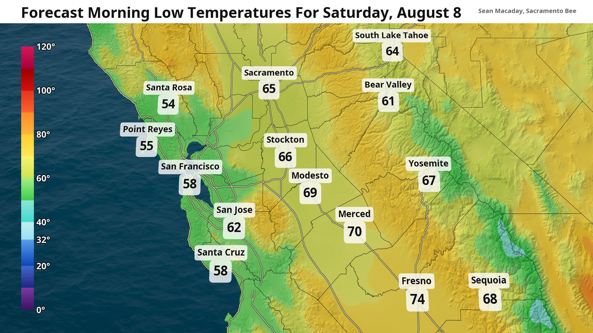 Low temperature forecast for the morning of Saturday, Aug 8