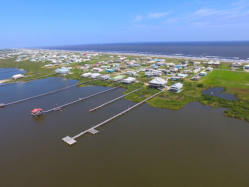 Aerial view of homes in Grand Isle, Louisiana.