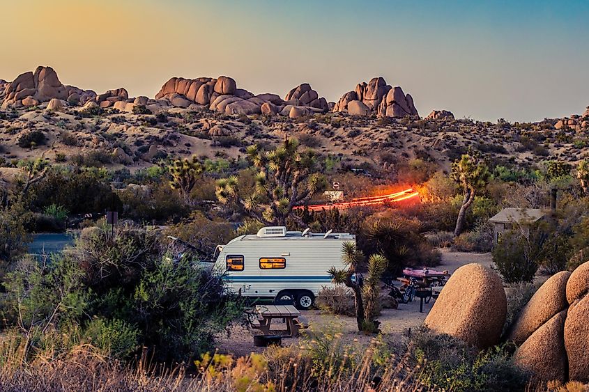 A campsite among the boulders and Joshua trees in Joshua Tree National Park, California.