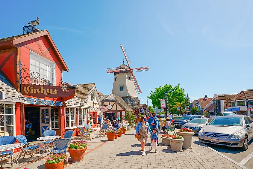 Half-timbered Danish-style buildings on Main Street in Solvang, California.