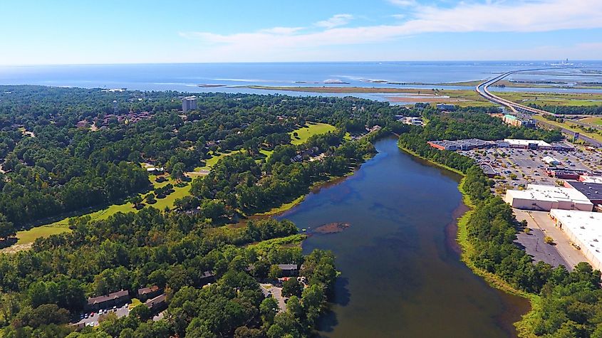 Aerial view of Mobile Bay and the shoreline at Daphne, Alabama.