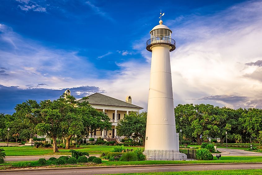 The Biloxi Lighthouse standing in the median of US 90 in Biloxi, Mississippi.