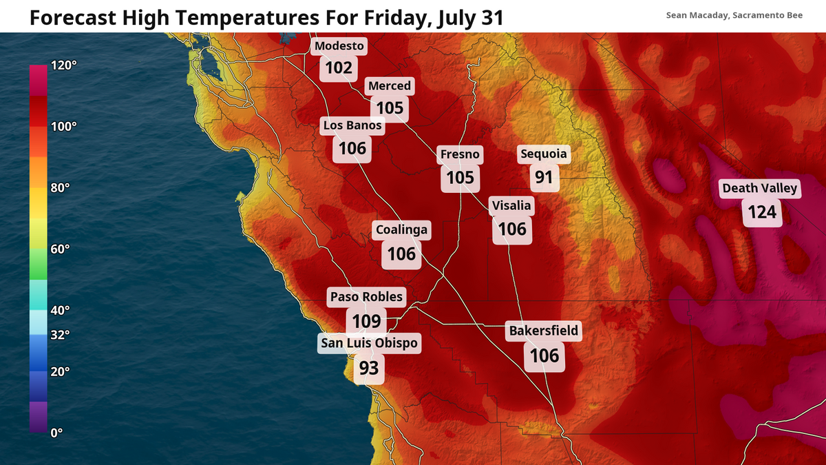 Forecast high temps for Friday, July 31